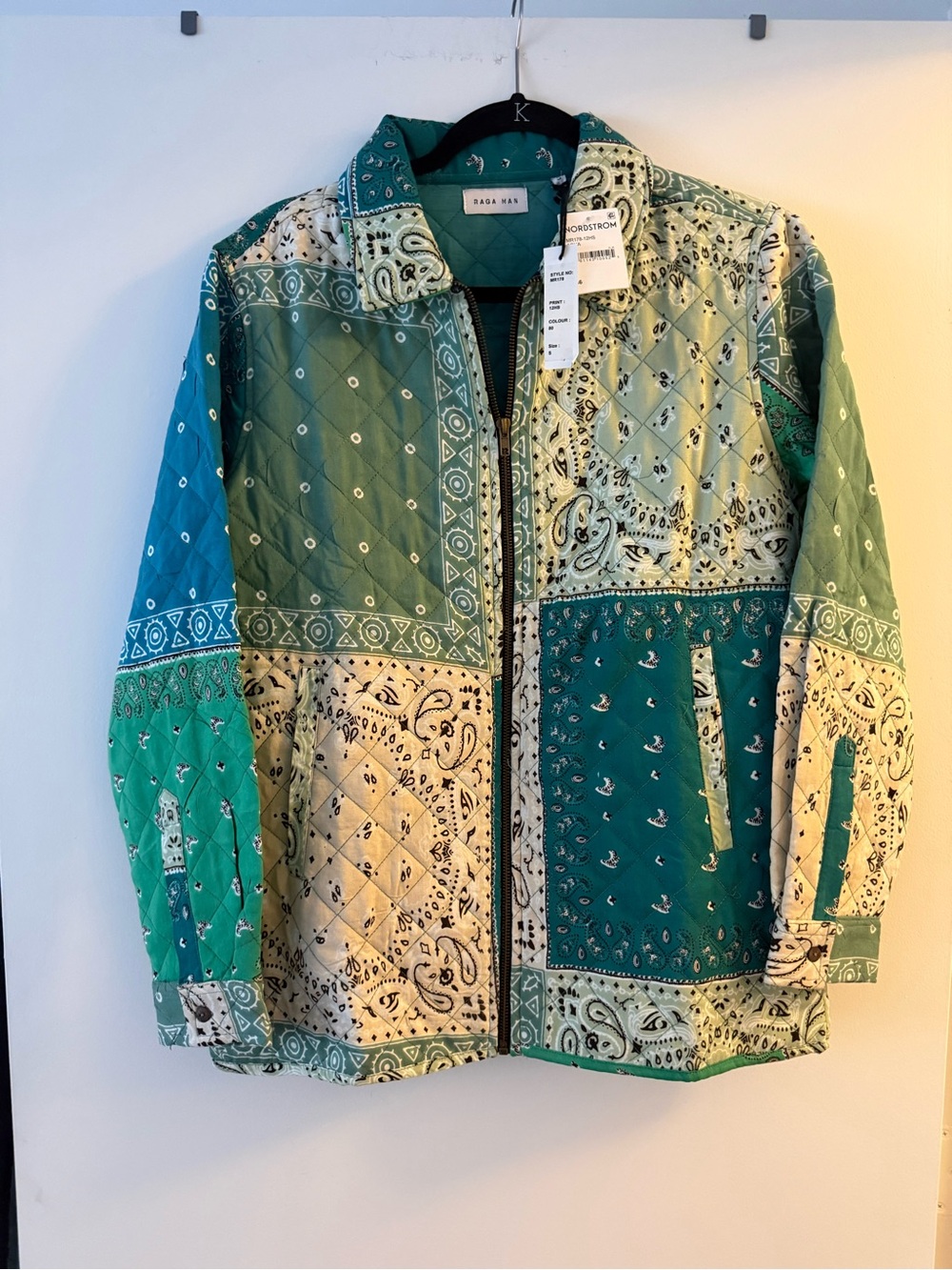 Raga Man East Teal & Cream Quilted Bandana Jacket NWT